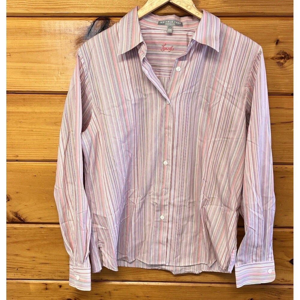 Foxcroft Striped Button-Down Shirt Wrinkle Free Size 12 Pink Green Shaped Fit